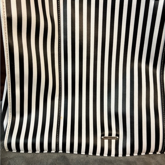 Rebecca Minkoff MAB Tote Black White Stripe Canvas Leather Handles - Picture 5 of 10